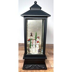 Snowman Family Black Lantern With Glitter Water Globe Lights Up